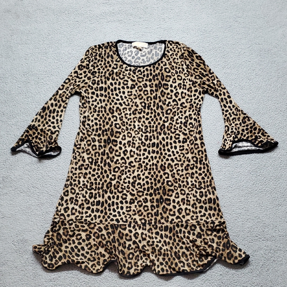 Michael Kors Women's Leopard Print Ruffle Hem Dress - Tan/Black Size L